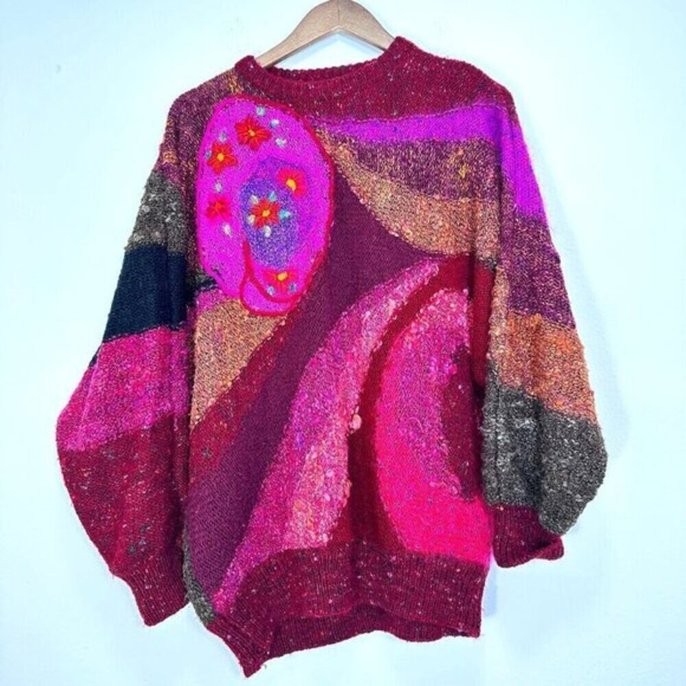Vintage Embroidered Boho Art to Wear Mariea Kim‎ Pink Purple Sweater Women's L